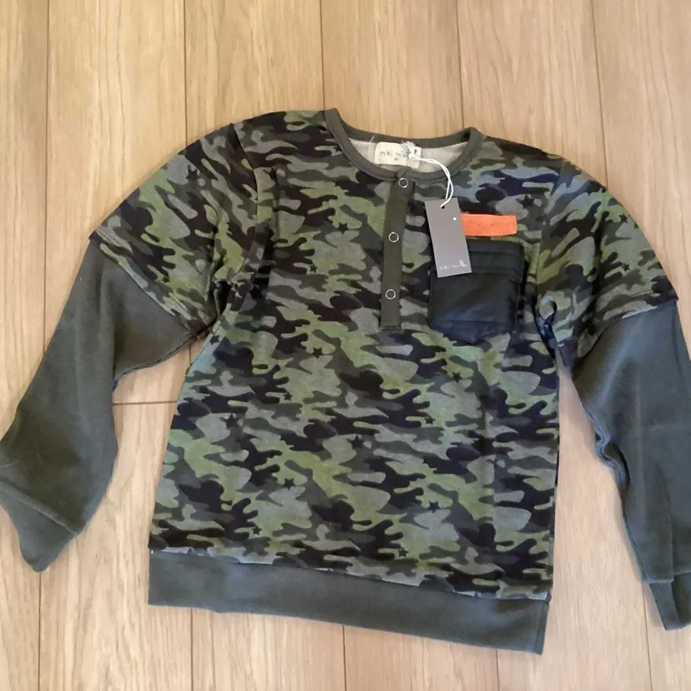 NWT Miki Miette Brand Boys Green Camo Long Sleeve Henley Sizes 6 and 8